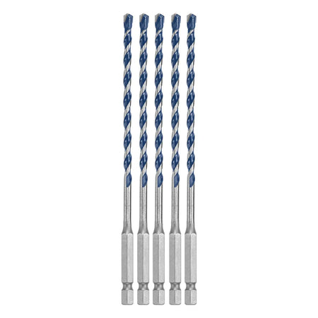 A clean studio product shot of the Bosch BXH045 masonry drill bit set arranged vertically and symmetrically against a solid white background, showcasing exactly five identical Blue Xtreme bits, with each individual bit detailing its 1/4-inch hex shank base, slim steel transition shaft, deep spiral U-flutes finished with a blue coating, and sharp carbide cutting tip.