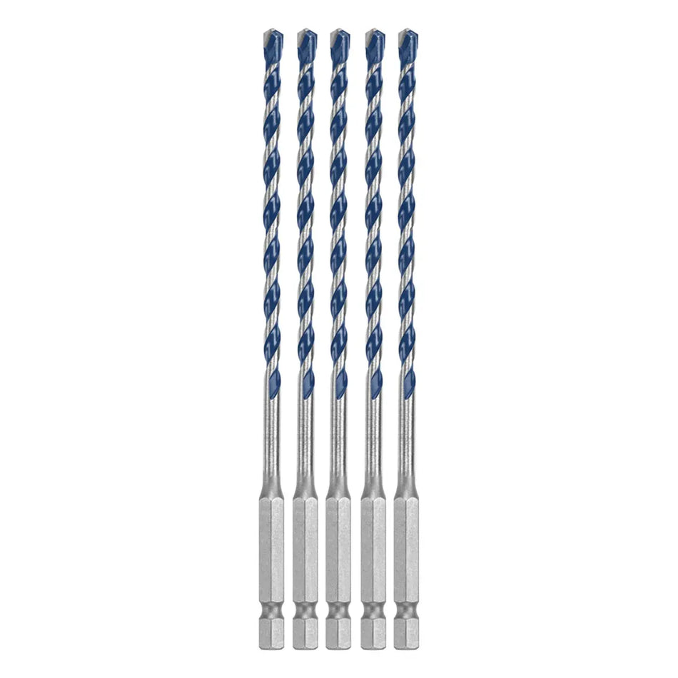 A clean studio product shot of the Bosch BXH045 masonry drill bit set arranged vertically and symmetrically against a solid white background, showcasing exactly five identical Blue Xtreme bits, with each individual bit detailing its 1/4-inch hex shank base, slim steel transition shaft, deep spiral U-flutes finished with a blue coating, and sharp carbide cutting tip.