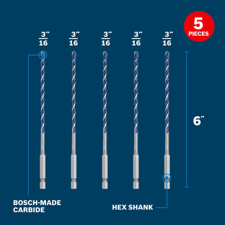 A technical product diagram of the 5-piece Bosch Blue Xtreme bit set laid out vertically on a solid blue background under a red circular marketing badge reading 5 PIECES, featuring dimension lines that indicate each bit's 3/16-inch head diameter and 6-inch overall length, with clear text callouts pointing out the Bosch-made carbide tip and hex shank base.