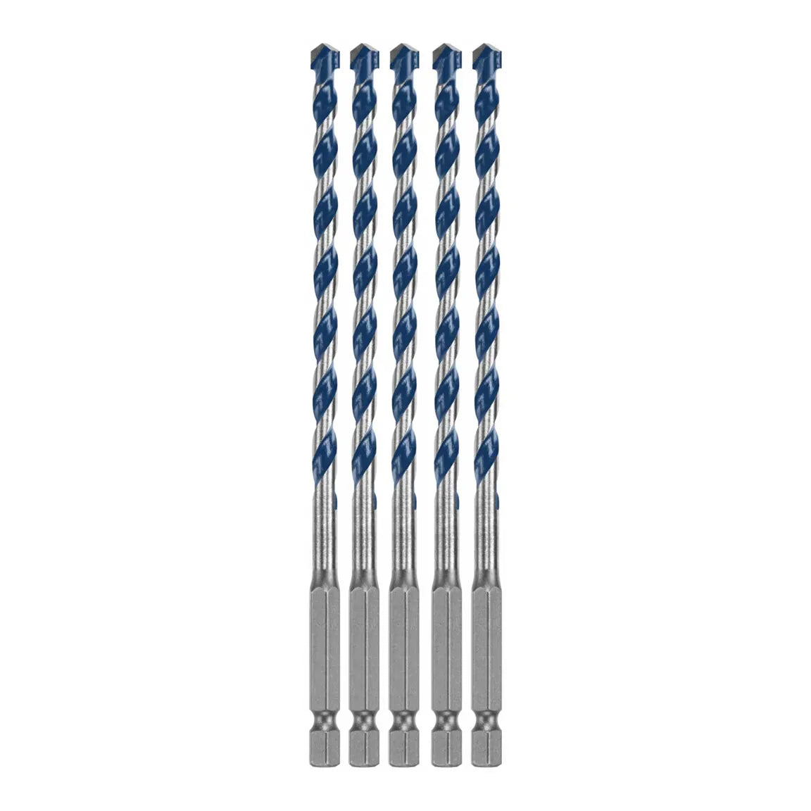A clean studio product shot of the Bosch BXH065 masonry drill bit set arranged vertically and symmetrically against a solid white background, showcasing exactly five identical Blue Xtreme bits, with each individual bit detailing its 1/4-inch hex shank base, alloy steel transition shaft, deep spiral U-flutes finished with a blue coating, and sharp carbide cutting tip.