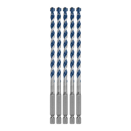 A clean studio product shot of the Bosch BXH065 masonry drill bit set arranged vertically and symmetrically against a solid white background, showcasing exactly five identical Blue Xtreme bits, with each individual bit detailing its 1/4-inch hex shank base, alloy steel transition shaft, deep spiral U-flutes finished with a blue coating, and sharp carbide cutting tip.