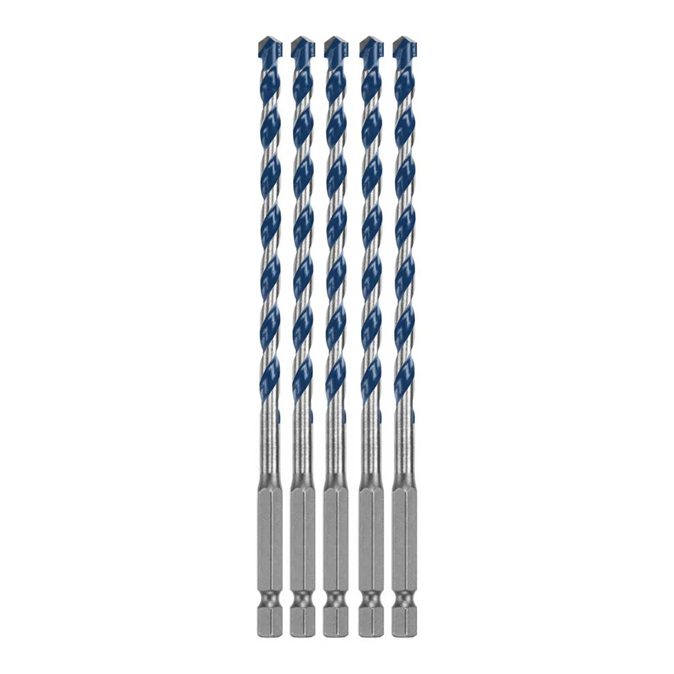 A clean studio product shot of the Bosch BXH065 masonry drill bit set arranged vertically and symmetrically against a solid white background, showcasing exactly five identical Blue Xtreme bits, with each individual bit detailing its 1/4-inch hex shank base, alloy steel transition shaft, deep spiral U-flutes finished with a blue coating, and sharp carbide cutting tip.