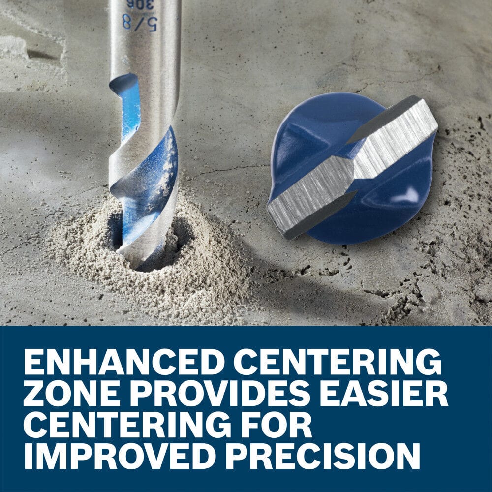 A dual close-up graphic illustrating a Blue Xtreme bit plunging directly into a concrete surface bed while clearing out concrete flour dust, positioned next to a top-down macro view of the specialized carbide head cutting geometry, sitting above a white text caption reading ENHANCED CENTERING ZONE PROVIDES EASIER CENTERING FOR IMPROVED PRECISION.