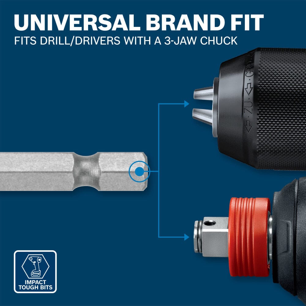 A technical system diagram set on a blue background detailing universal cross-brand fitment, showing lines connecting a 1/4-inch hex shank base directly to a standard 3-jaw drill chuck profile and an Impact Tough quick-release driver collet receiver, paired with white header text reading UNIVERSAL BRAND FIT FITS DRILL/DRIVERS WITH A 3-JAW CHUCK.