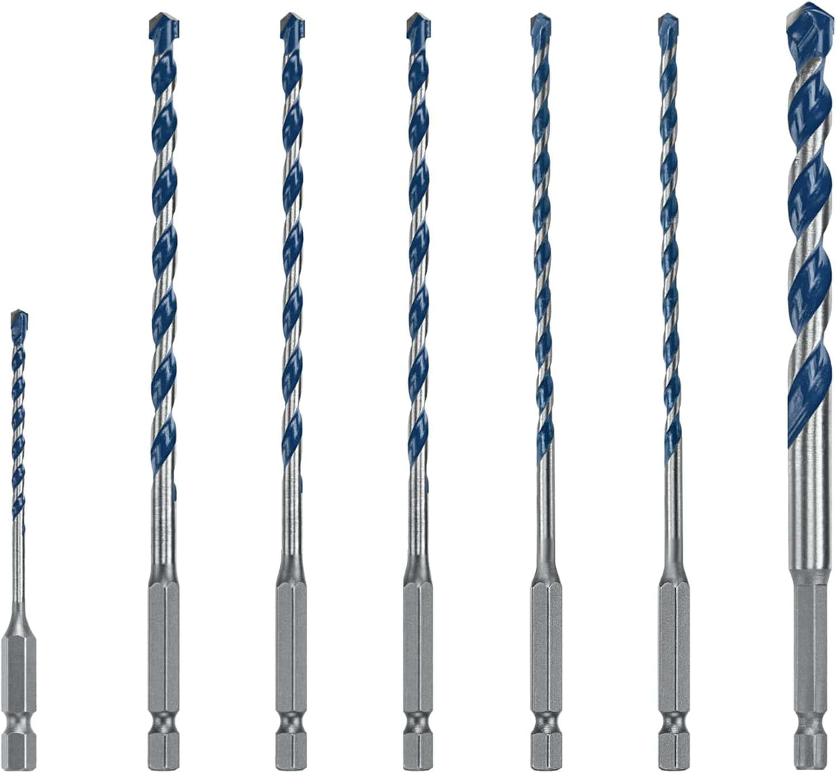 A front-facing close-up studio shot of the seven masonry bits from the Bosch Blue Xtreme multi-pack kit showing a clear comparison of the body thicknesses and broad blue spiral flute paths tapering down to their common hex shank bases against a white background, arranged with the shortest bit on the far left.