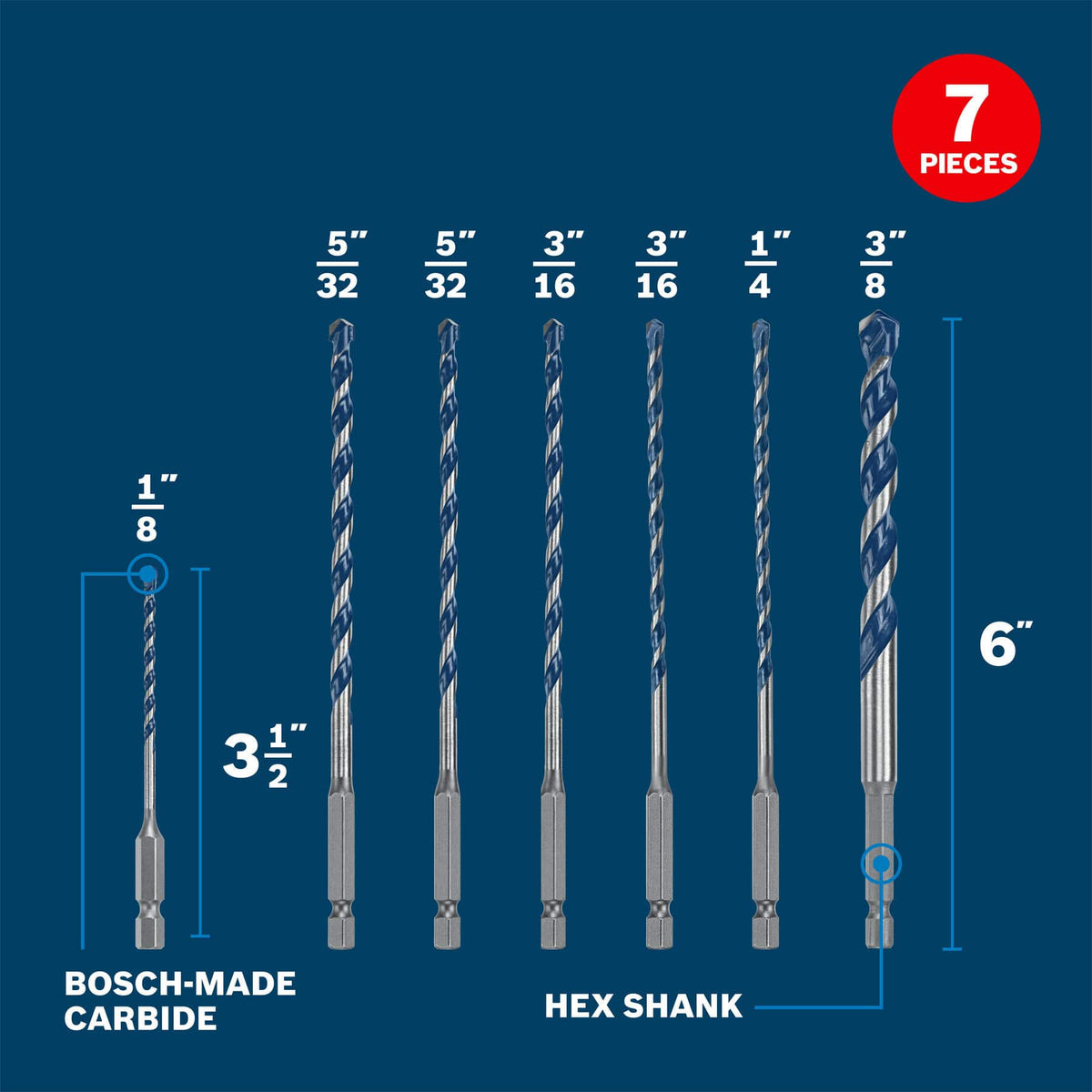 A technical product diagram of the 7-piece Bosch Blue Xtreme bit set laid out vertically on a solid blue background under a red circular marketing badge reading 7 PIECES, featuring dimension lines that indicate the 3-1/2 inch and 6-inch overall lengths along with the corresponding head diameter fraction measurements of 1/8, 5/32, 3/16, 1/4, and 3/8 inches above text callouts pointing out the Bosch-made carbide tips and hex shanks.