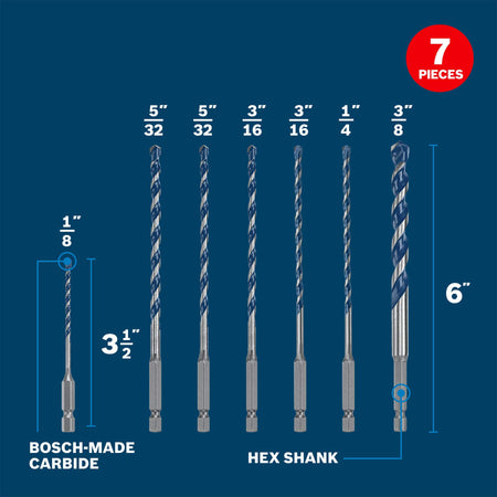 A technical product diagram of the 7-piece Bosch Blue Xtreme bit set laid out vertically on a solid blue background under a red circular marketing badge reading 7 PIECES, featuring dimension lines that indicate the 3-1/2 inch and 6-inch overall lengths along with the corresponding head diameter fraction measurements of 1/8, 5/32, 3/16, 1/4, and 3/8 inches above text callouts pointing out the Bosch-made carbide tips and hex shanks.