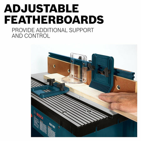 Close-up action shot of a workpiece being fed past the adjustable featherboards, demonstrating the support and kickback protection they provide during routing