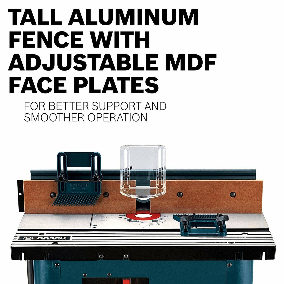 Detail view of the tall aluminum fence with adjustable MDF faceplates and featherboards attached, highlighting material support and smooth operation