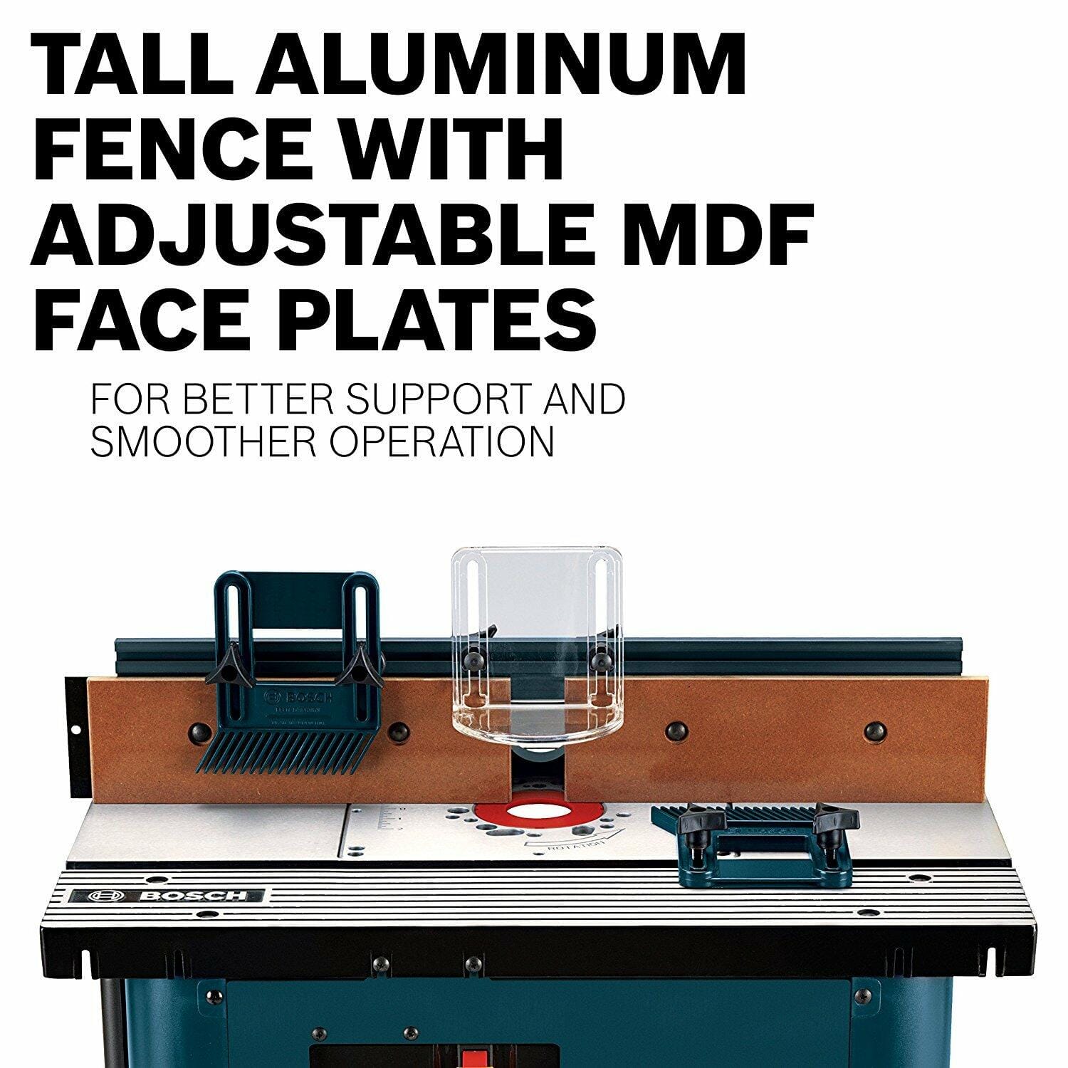 Detail view of the tall aluminum fence with adjustable MDF faceplates and featherboards attached, highlighting material support and smooth operation