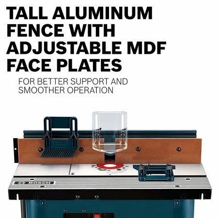 Detail view of the tall aluminum fence with adjustable MDF faceplates and featherboards attached, highlighting material support and smooth operation
