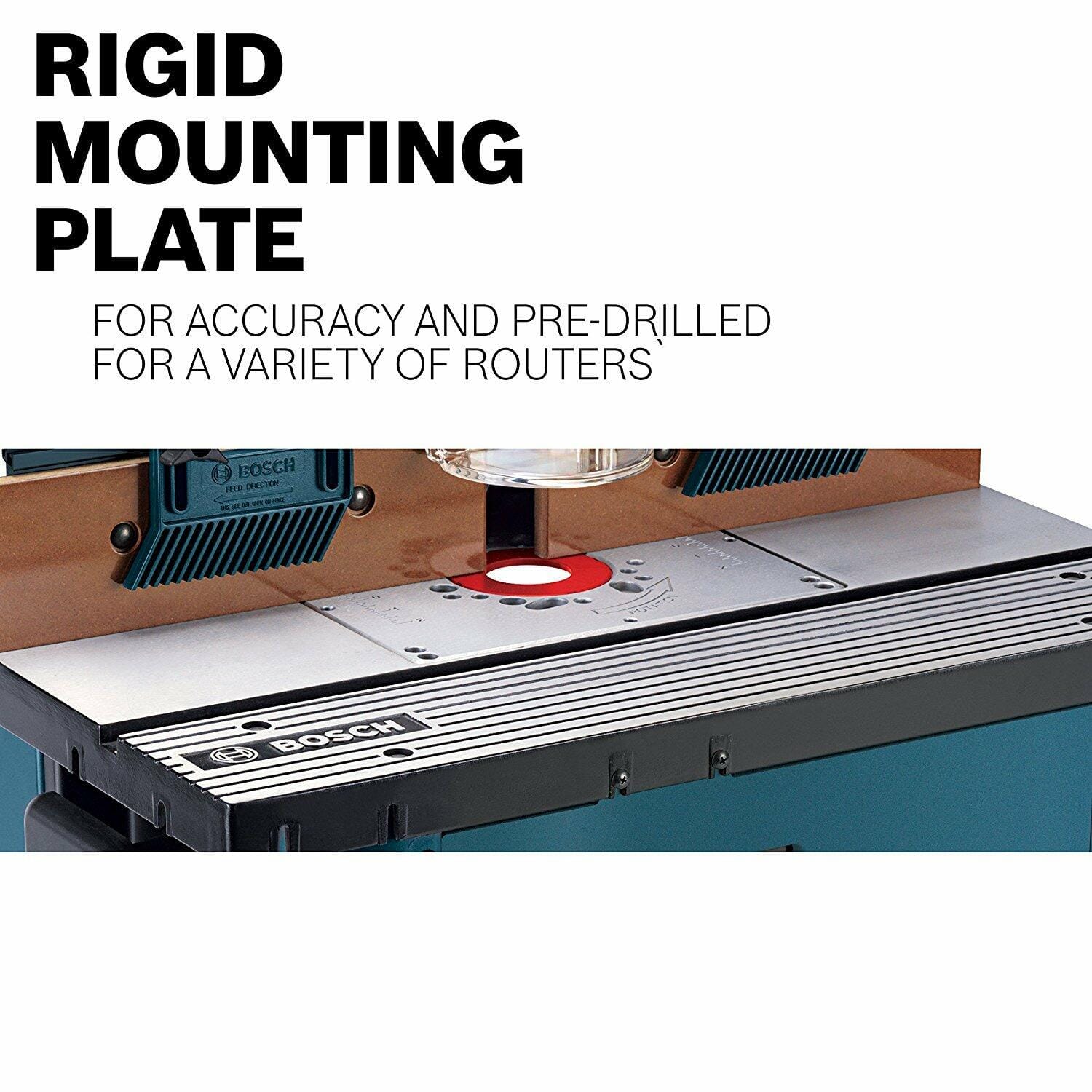 Close-up of the aluminum tabletop and router insert plate, featuring the etched surface and text promoting the plate's rigidity and pre-drilled universal compatibility