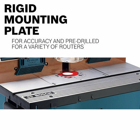 Close-up of the aluminum tabletop and router insert plate, featuring the etched surface and text promoting the plate's rigidity and pre-drilled universal compatibility