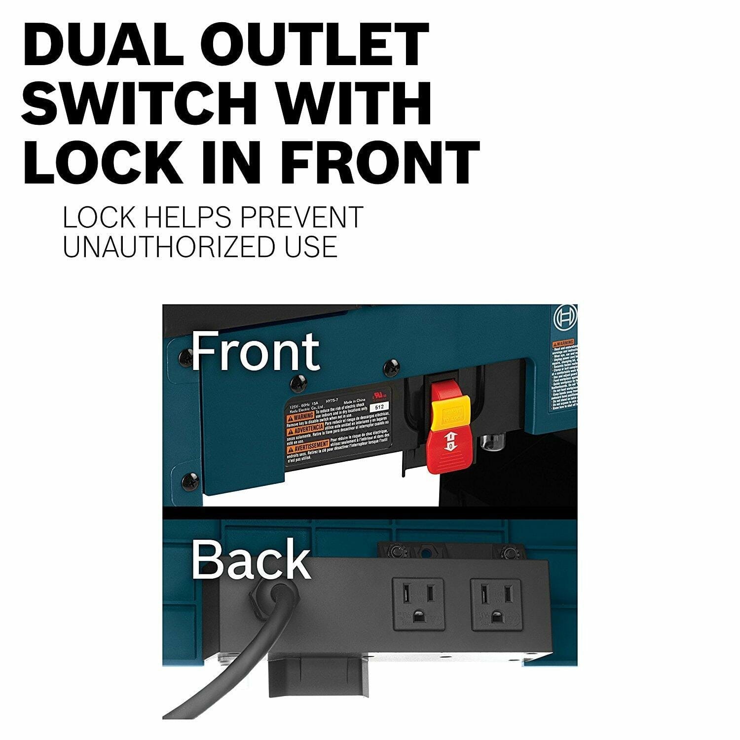Two-panel view showing the front-mounted safety switch with lock-out key and the back of the table which features dual electrical outlets for powering the router and an accessory