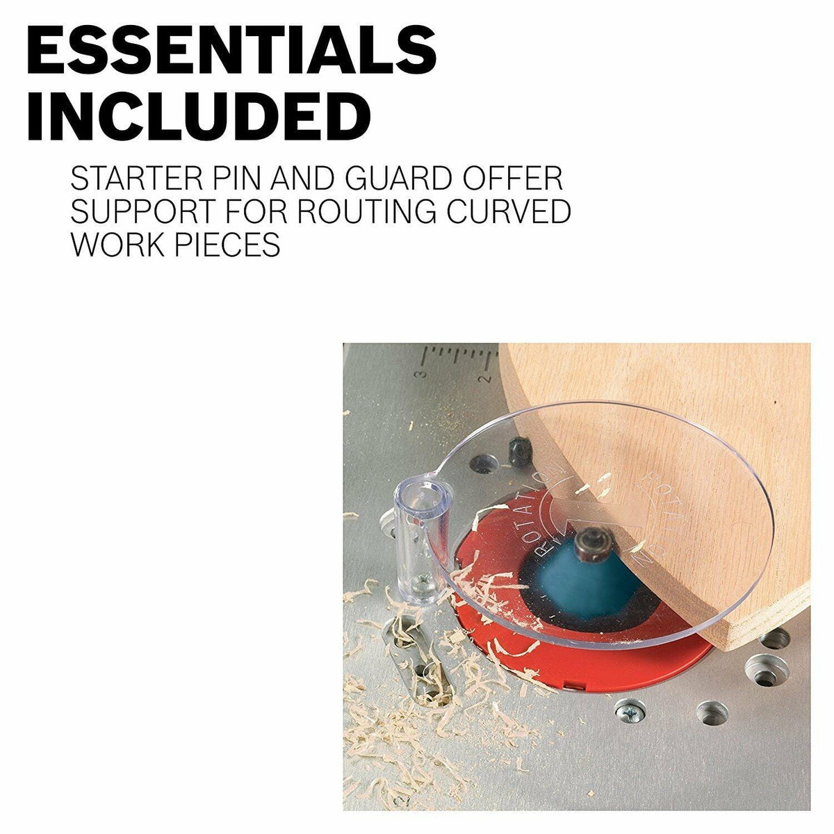 Close-up showing the included starter pin and guard attachment being used to route a curved wooden workpiece, emphasizing support for non-straight cuts