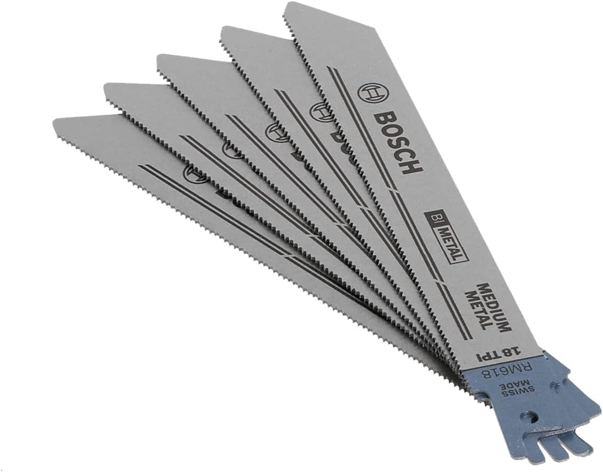 Studio view of the five-piece metal cutting reciprocating saw blade set fanned out to display the bi-metal construction and blue shank.