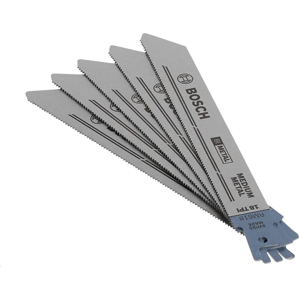 Studio view of the five-piece metal cutting reciprocating saw blade set fanned out to display the bi-metal construction and blue shank.