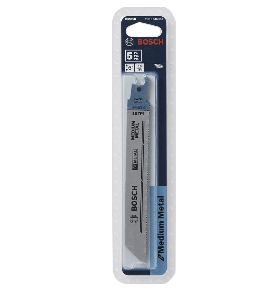 Front view of the retail blister pack containing five reciprocating saw blades, displaying specifications for model RM618 including 6 inch length and 18 TPI.