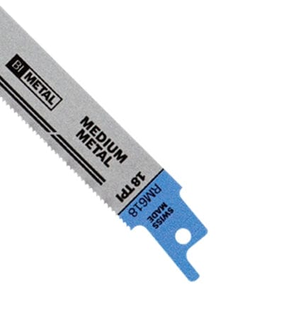 Close-up view of the blade body text identifying the model RM618, 18 TPI specification, and Medium Metal application rating.