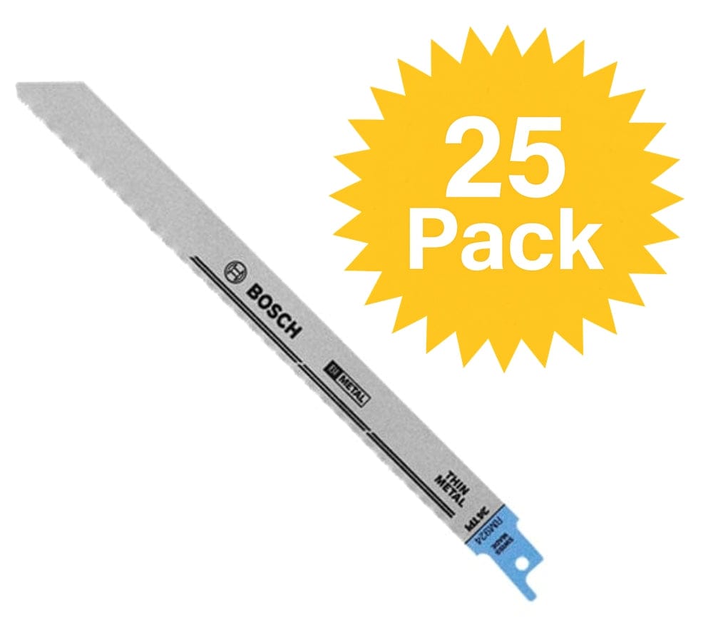 Studio view of the bi-metal reciprocating saw blade featuring a yellow starburst graphic with text reading 25 Pack.