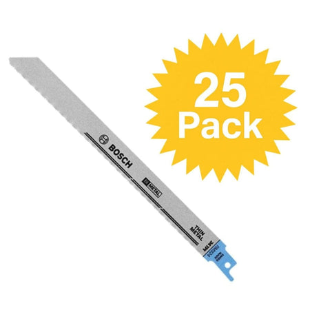 Studio view of the bi-metal reciprocating saw blade featuring a yellow starburst graphic with text reading 25 Pack.