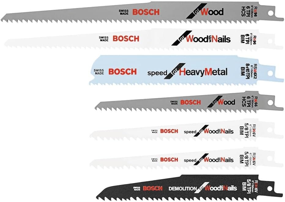 Studio view of the seven assorted Bosch reciprocating saw blades arranged horizontally including specific blades for wood, metal, and demolition.