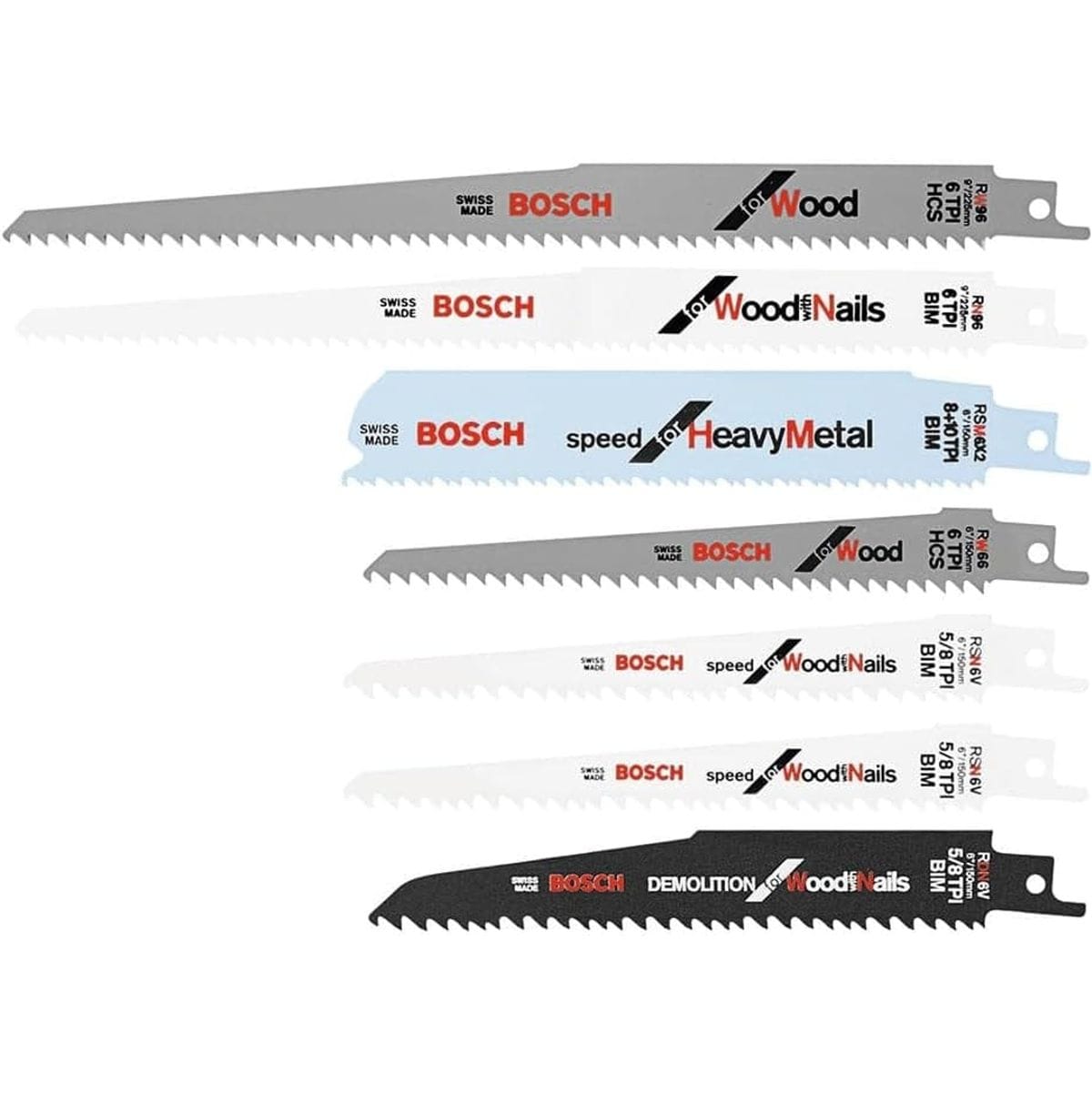 Studio view of the seven assorted Bosch reciprocating saw blades arranged horizontally including specific blades for wood, metal, and demolition.
