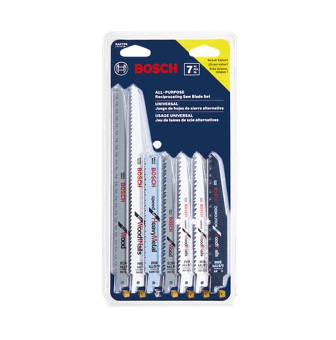Front view of the clear retail blister pack containing the seven-piece all-purpose reciprocating saw blade set.