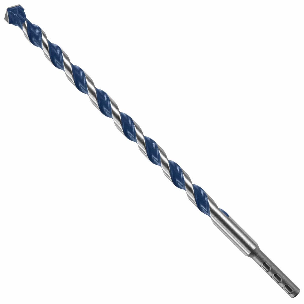 A heavy-duty Bosch BlueGranite Turbo 1/2 inch by 10 inch carbide hammer drill bit shown diagonally against a plain white background, featuring a robust multi-grind carbide tip, a high-capacity blue spiral fluted core, and a PowerGrip straight shank with built-in clamping ridges.