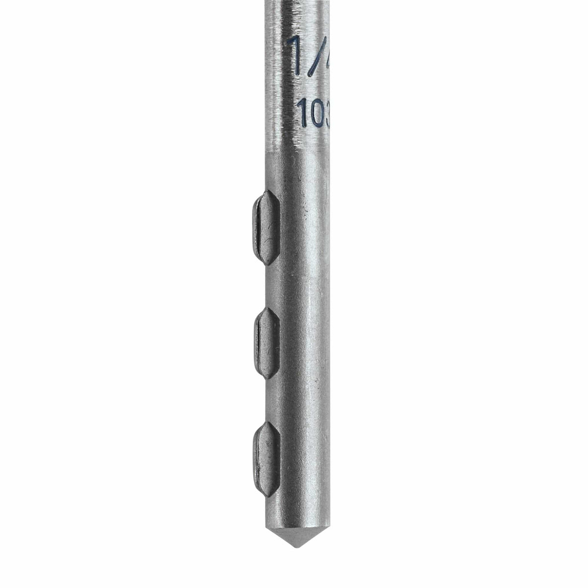 A high-resolution close-up product shot detailing the PowerGrip round straight shank of a Bosch masonry drill bit, highlighting the three distinct non-slip steel ridges designed to lock mechanically into standard 3-jaw chucks alongside stamped size markings.