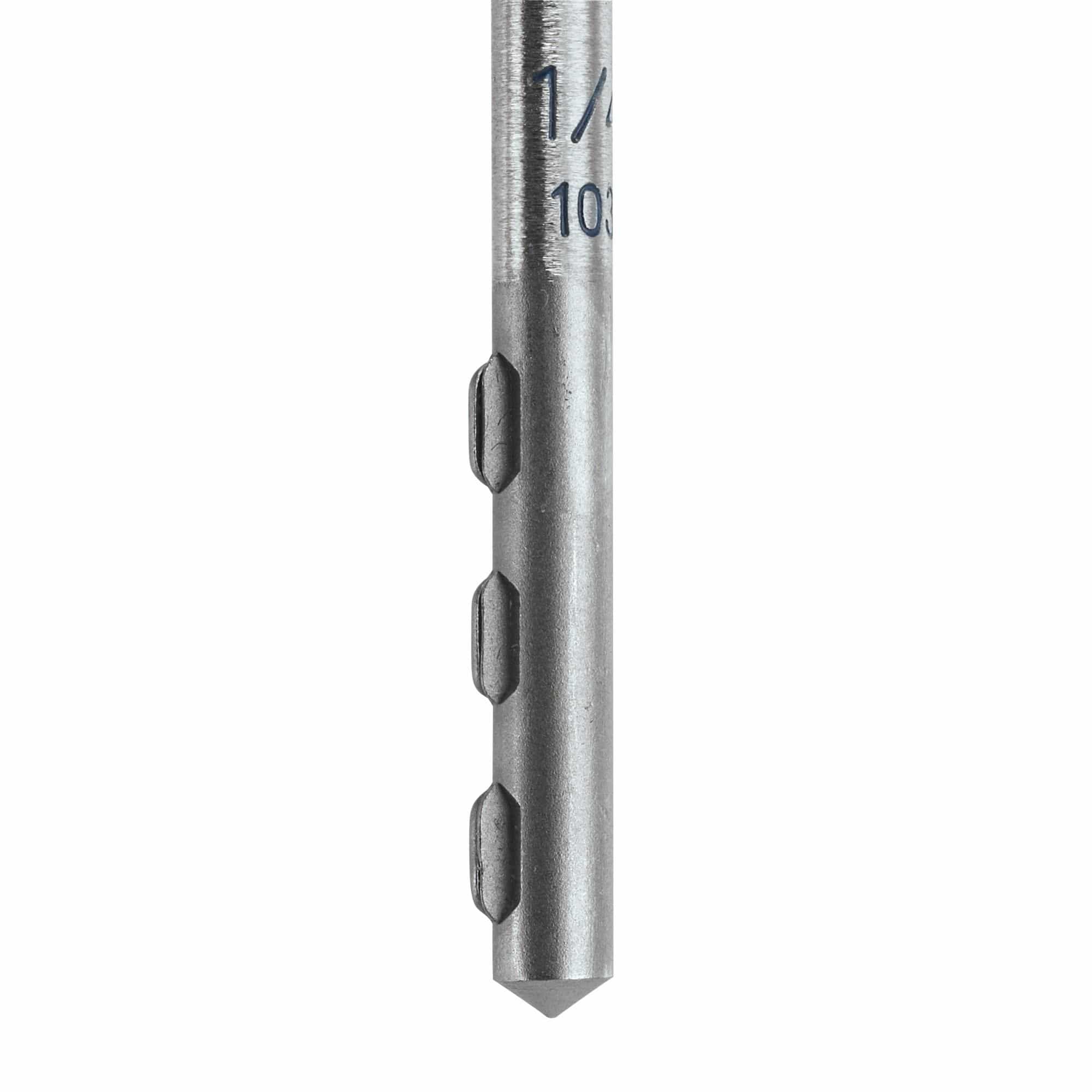 A high-resolution close-up product shot detailing the PowerGrip round straight shank of a Bosch masonry drill bit, highlighting the three distinct non-slip steel ridges designed to lock mechanically into standard 3-jaw chucks alongside stamped size markings.