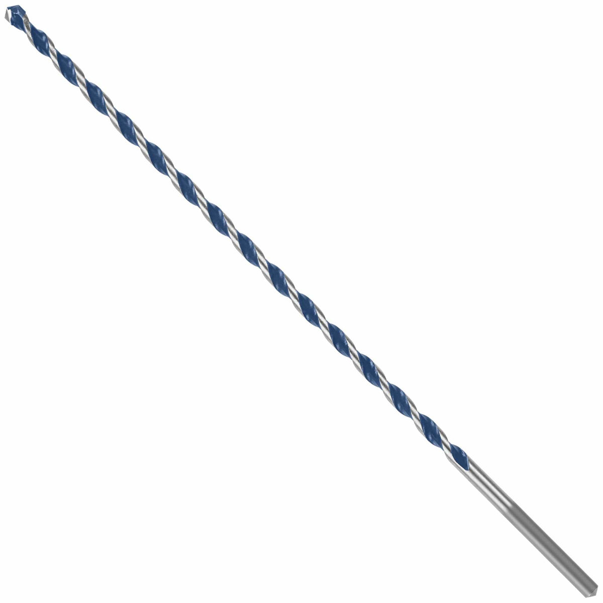 A Bosch BlueGranite Turbo 1/4 inch by 10 inch carbide hammer drill bit oriented diagonally against a white background, highlighting its long silver shaft with a PowerGrip straight shank featuring ground flats and the aggressive blue and carbide multi-grind tip designed for fast concrete, masonry, and brick boring.