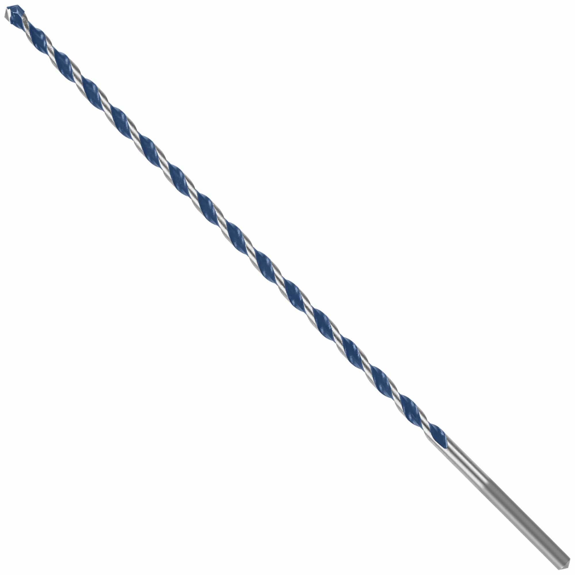 A Bosch BlueGranite Turbo 1/4 inch by 10 inch carbide hammer drill bit oriented diagonally against a white background, highlighting its long silver shaft with a PowerGrip straight shank featuring ground flats and the aggressive blue and carbide multi-grind tip designed for fast concrete, masonry, and brick boring.