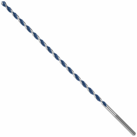 A Bosch BlueGranite Turbo 1/4 inch by 10 inch carbide hammer drill bit oriented diagonally against a white background, highlighting its long silver shaft with a PowerGrip straight shank featuring ground flats and the aggressive blue and carbide multi-grind tip designed for fast concrete, masonry, and brick boring.