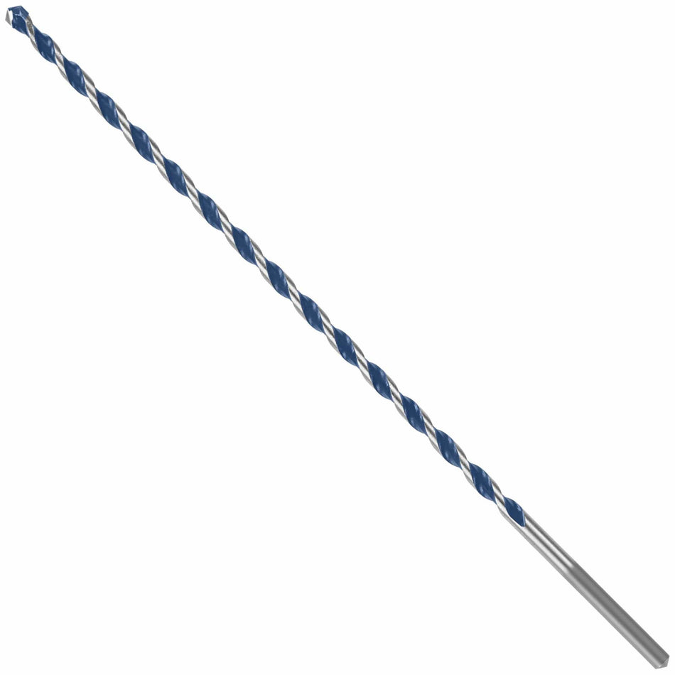 A Bosch BlueGranite Turbo 1/4 inch by 10 inch carbide hammer drill bit oriented diagonally against a white background, highlighting its long silver shaft with a PowerGrip straight shank featuring ground flats and the aggressive blue and carbide multi-grind tip designed for fast concrete, masonry, and brick boring.