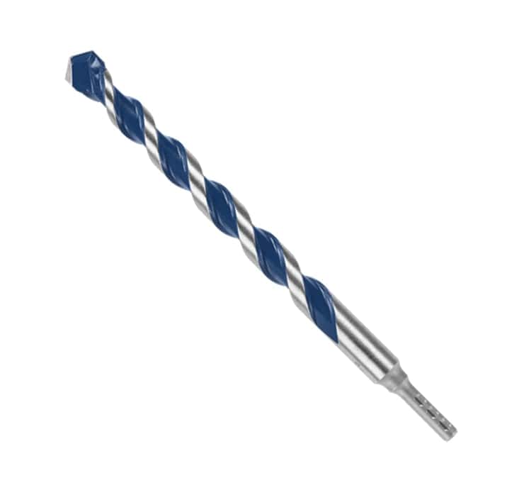 Studio view of a single Bosch BlueGranite Turbo hammer drill bit, showing the carbide tip, blue spiral flutes, and silver hex shank.