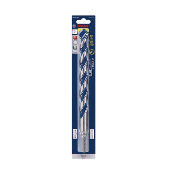 Studio view of the retail packaging for the drill bit, displaying the Bosch logo, "BlueGranite Turbo" branding, and features like 5x life and 2x speed.