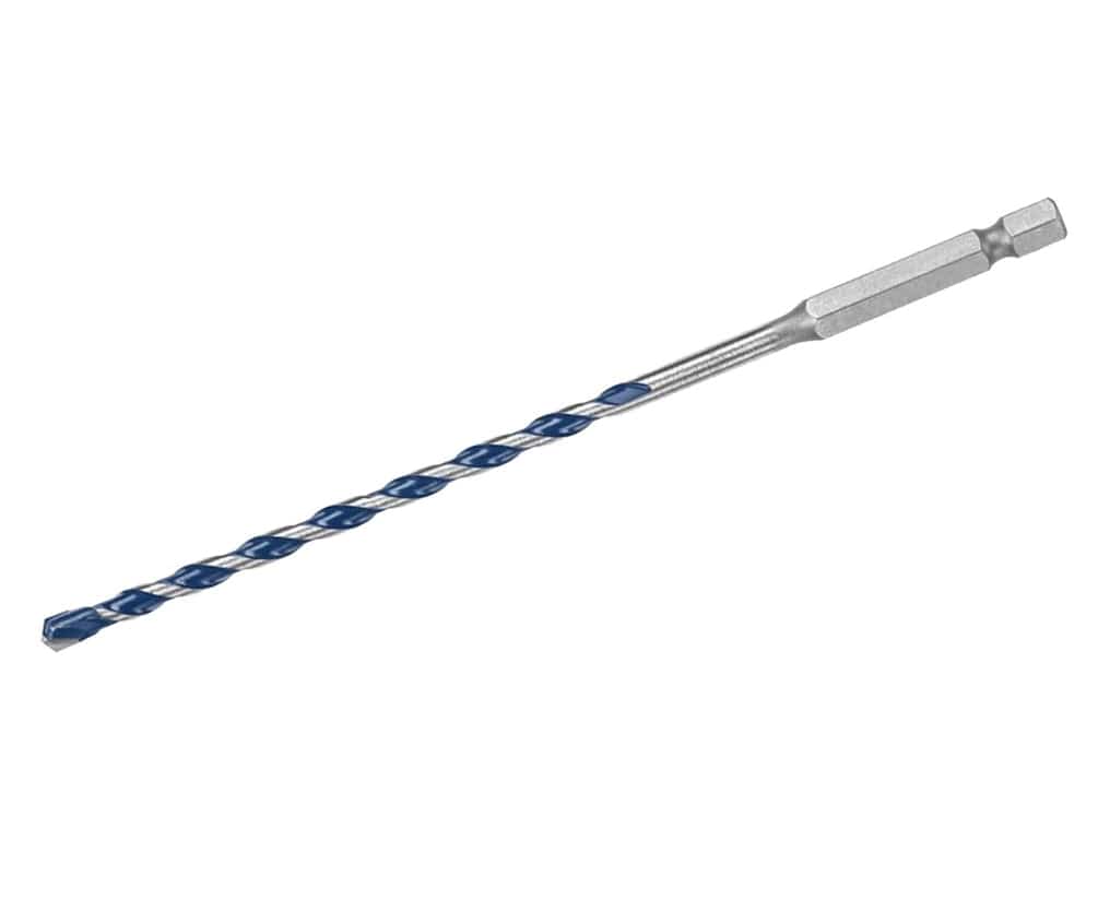 Angled view of the complete Bosch 3/16 inch BlueGranite Turbo masonry hammer drill bit.