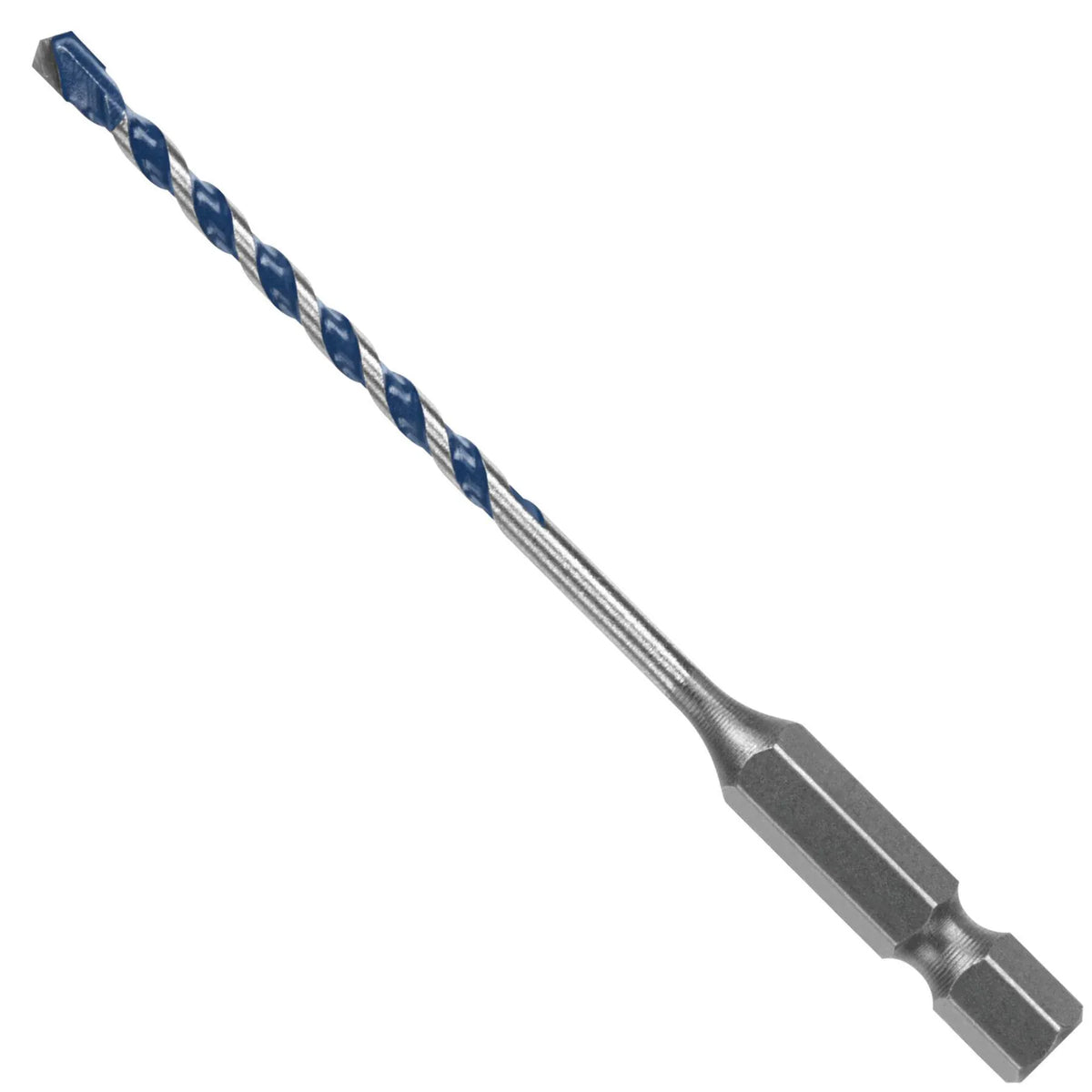 An isolated product studio shot of a single Bosch Blue Xtreme masonry drill bit positioned diagonally against a crisp white background, showcasing its solid 1/4-inch hex shank base, a long slim metal body shaft, deep spiral U-flutes finished with a blue coating, and an aggressive carbide cutting point.