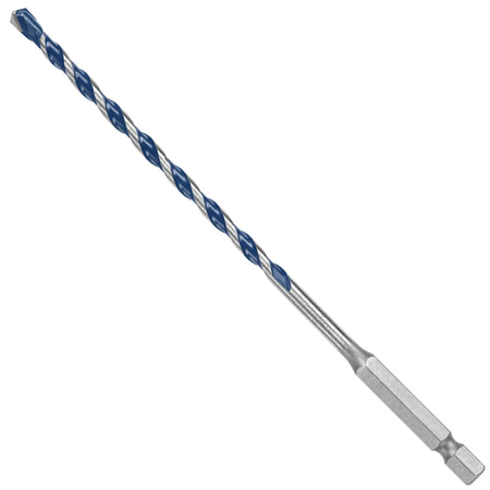 An isolated product studio view of a mid-length Bosch Blue Xtreme masonry drill bit arranged diagonally against a solid white background, detailing its integrated 1/4-inch hex shank connection base, intermediate steel body shaft, deep-cut blue spiral U-flutes, and an aggressive multi-grind carbide point.