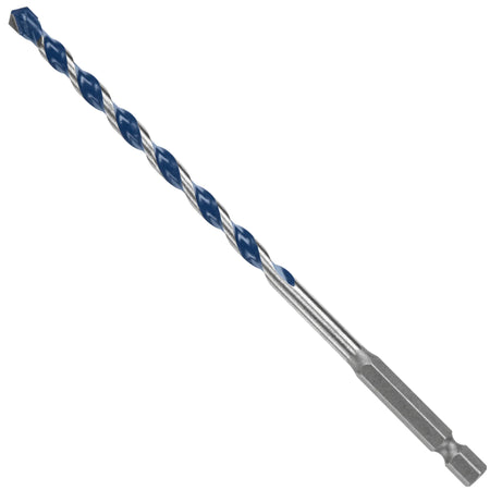 An isolated product studio shot of a heavy-gauge mid-length Bosch Blue Xtreme masonry drill bit set diagonally against a plain white background, highlighting its thick-diameter body with blue-painted spiral flutes, a solid 1/4-inch hex shank base, and a high-strength carbide centering tip designed for hard materials.