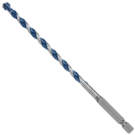 An isolated product studio shot of a mid-to-long length Bosch Blue Xtreme masonry drill bit positioned diagonally against a clean white background, highlighting its 1/4-inch hex shank base, stable steel transition shaft, deep-cut spiral U-flutes painted with a blue finish, and an upgraded 4-grind carbide tip.