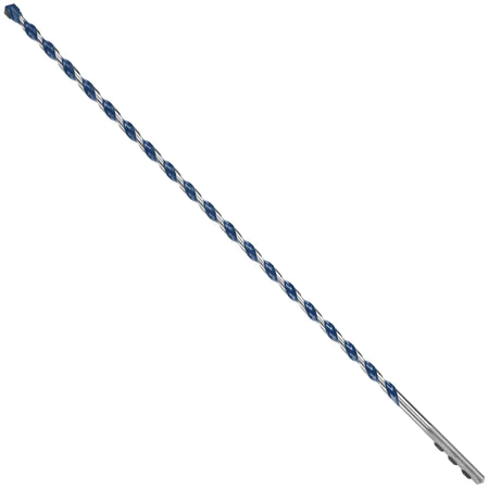 An isolated product studio view of an extra-long Bosch masonry drill bit set diagonally against a solid white background, showcasing its extended structural body with blue-painted spiral flutes, high-durability carbide point, and a cylindrical PowerGrip shank base detailed with three distinct flatted anchoring indents.