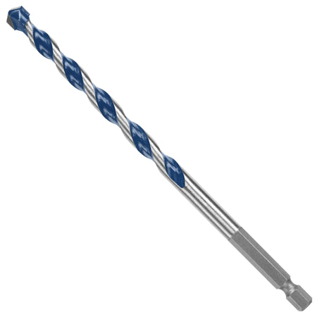 An isolated product studio shot of a short, large-diameter heavy-gauge Bosch Blue Xtreme masonry drill bit arranged diagonally against a plain white background, highlighting its thick blue-painted spiral U-flutes, a solid 1/4-inch hex shank base with a bare steel transition neck, and a robust multi-grind carbide centering tip.
