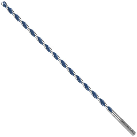 An isolated product studio shot of an extra-long, small-diameter Bosch Blue Xtreme masonry drill bit positioned diagonally against a white background, highlighting its deep spiral U-flutes finished with a blue coating, a sharp carbide centering point, and a cylindrical PowerGrip shank base with flatted indents.