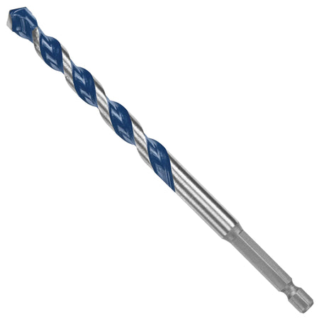 An isolated product studio shot of a heavy-gauge, large-diameter Bosch Blue Xtreme masonry drill bit set diagonally against a clean white background, showcasing its thick-diameter body with blue-painted spiral U-flutes, an integrated 1/4-inch hex shank base with a bare steel neck, and a robust multi-grind carbide cutting head.