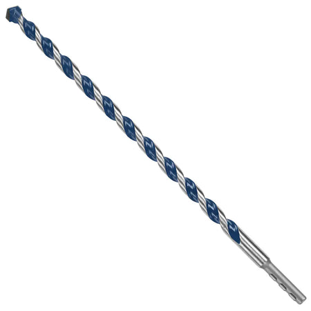 An isolated product studio layout of an extra-long, thin-diameter Bosch masonry drill bit resting diagonally against a clean white background, showcasing its extended steel body shaft with blue-painted spiral flutes, a sharp carbide cutting tip, and a specialized cylindrical PowerGrip shank base with flatted anchoring grooves.
