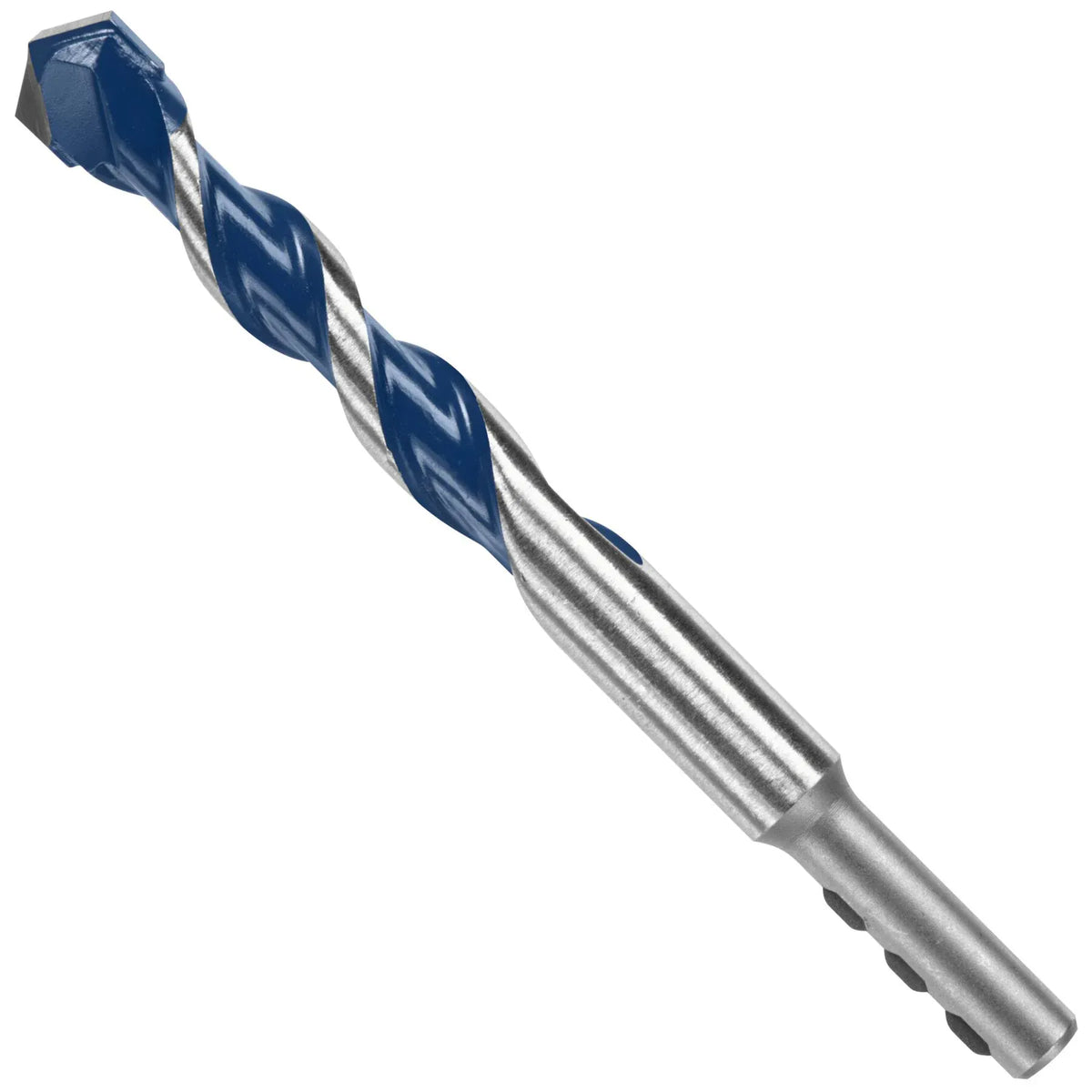 An isolated product studio view of a short, large-diameter heavy stubby Bosch masonry drill bit arranged diagonally against a solid white background, detailing its thick body with deep blue-finished spiral U-flutes, a robust multi-grind carbide head, and a cylindrical PowerGrip shank base with distinct multi-flatted indents.