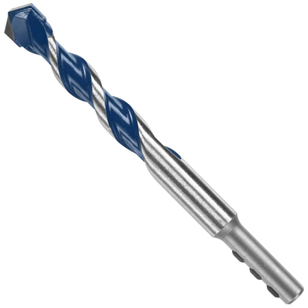 An isolated product studio view of a short, large-diameter heavy stubby Bosch masonry drill bit arranged diagonally against a solid white background, detailing its thick body with deep blue-finished spiral U-flutes, a robust multi-grind carbide head, and a cylindrical PowerGrip shank base with distinct multi-flatted indents.