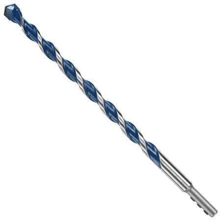 An isolated product studio layout of a long, intermediate-gauge Bosch masonry drill bit angled diagonally against a clean white background, showcasing its extended steel shaft with blue-painted spiral U-flutes, an aggressive carbide centering tip, and a cylindrical PowerGrip shank base detailed with multi-flatted anchoring indents.
